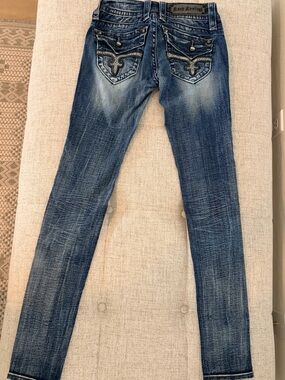 Rock Revival Women's Distressed Blue Skinny Jeans with Sequin Pocket Detail 25